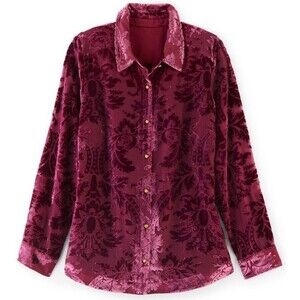 Soft Surroundings Floreat Button Up Top Velvet Burnout Purple Wine Whimsigoth LG